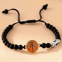 ZIRUISP Basketball Bracelets For Men And Women Black Shiny Beads With 26 Name Initials A-Z Bracelet Jewelry Gifts for Him Son