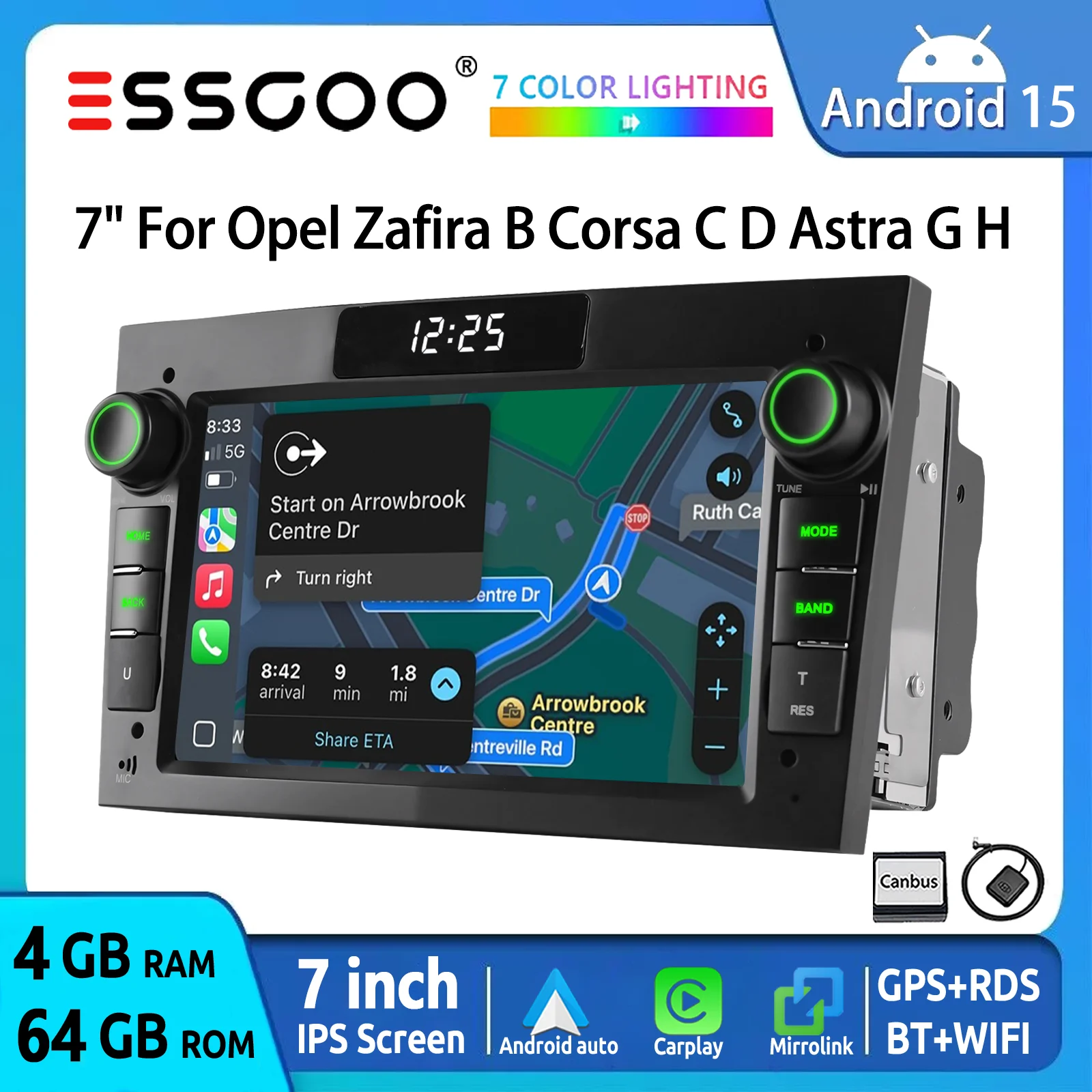 ESSGOO 7" 4+64GB Android 15 For Opel Astra H Corsa C D Vectra C Zafira B Signum Combo Car Stereo Carplay Android Auto BT RDS SWC