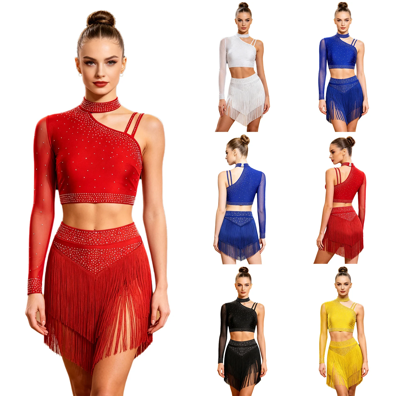 Women Ballet Latin Dance Costume Asymmetrical Shoulder Rhinestones Crop Top And Leotard Skirted Modern Lyrical Contemporary Sets