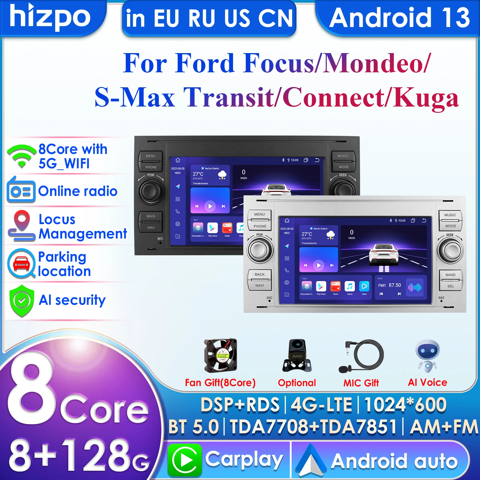 Carplay 4G 2din Android Car Radio GPS for Ford Mondeo S-max Focus C-MAX Galaxy Fiesta Transit Fusion Connect Kuga Multimedia Nav