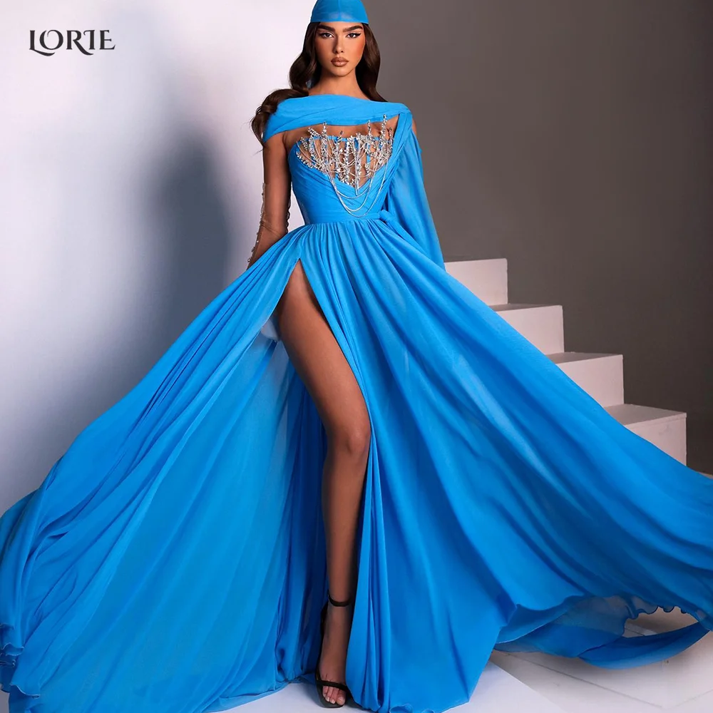 LORIE Blau Abendkleider Kristall Halter Saudi-arabien Low-Cut Boho Formale Abendkleider Side Split Mono Luxus Eine Schulter party Kleid