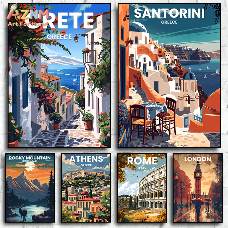AZNM Santorini Greece Retro Travel Canvas Wall Art, Vintage Mediterranean Island Cityscape Print Poster, Unframed Modern Europea