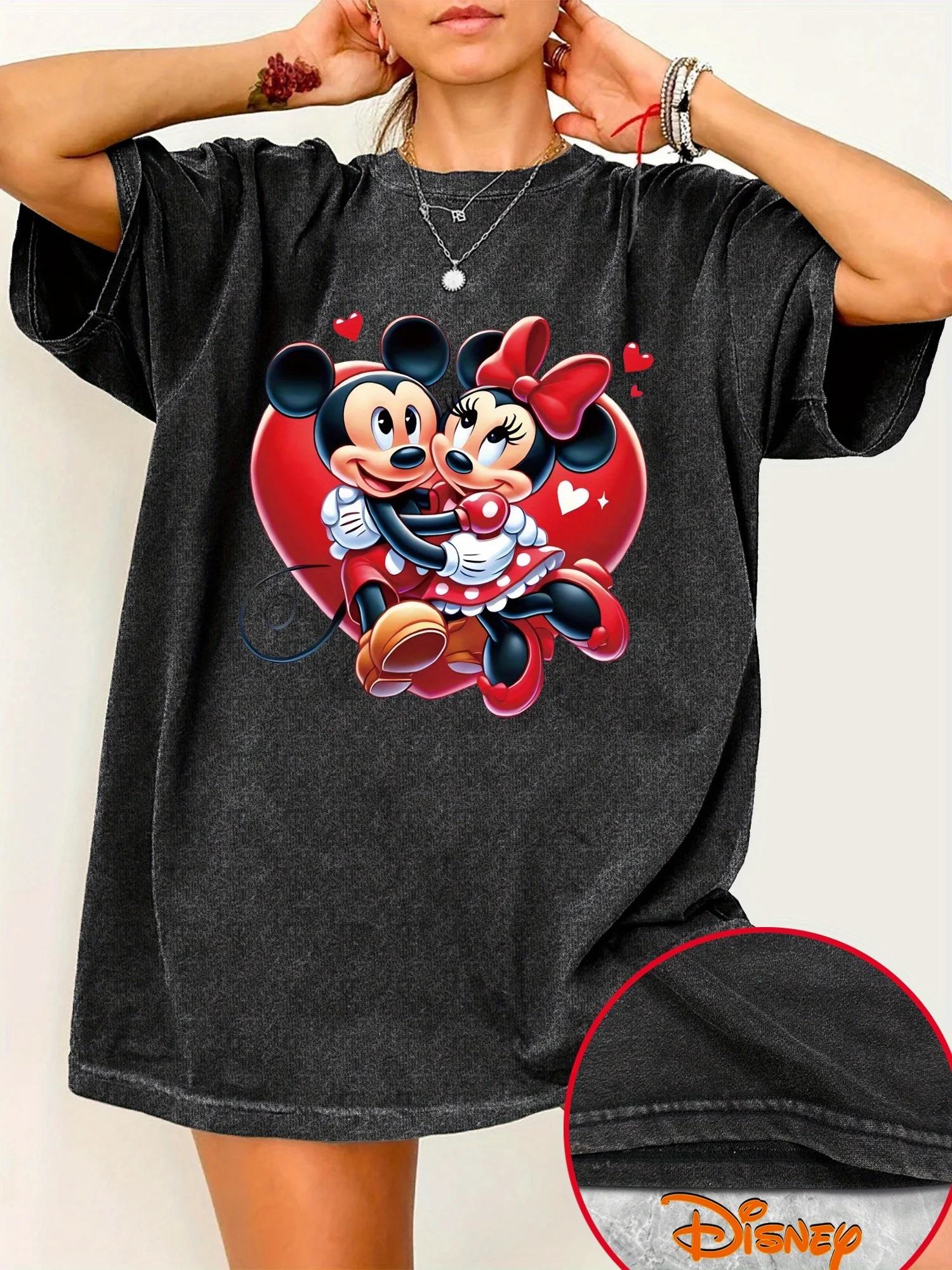 

Disney Mickey and Minnie Mouse Women's Casual Short Sleeve T-Shirt - Loose Version Crew Neck Summer Top Heart Pattern T-Shirt