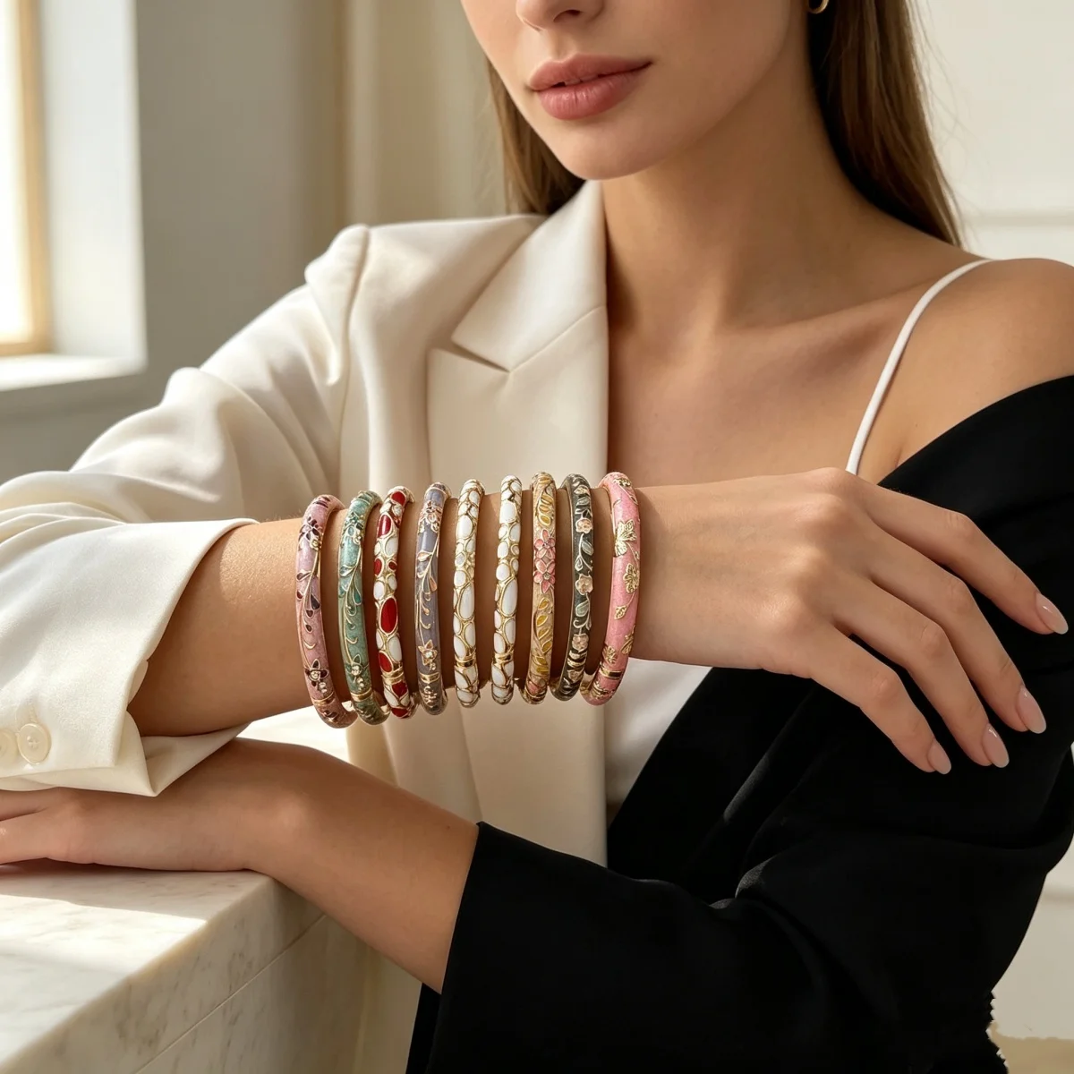 Mehrfarbige, mit tropfendem Öl bedruckte Blumen-Manschettenarmbänder für Damen und Herren, Vintage Boho Blatt Unregelmäßige Ovale Geometrische Armreifen Schmuck – Detail 10
