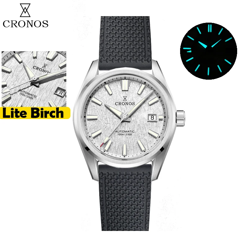 Cronos Herenhorloge 39mm Automatisch Miyota 9015 uurwerk Polshorloges Witte wijzerplaat Berkenpatroon Massieve schakels Saffier 10 ATM L6040M