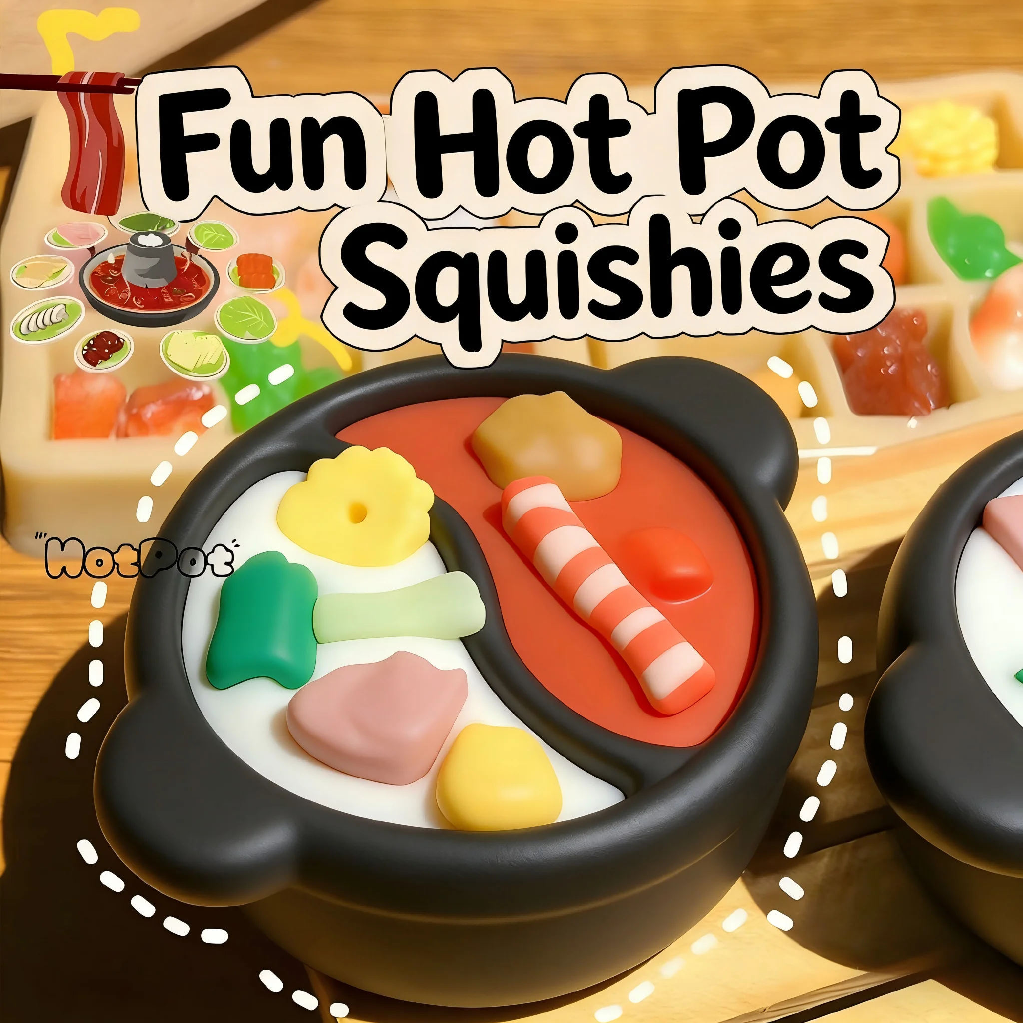 Juguete de apretar con diseño de dumplings y olla caliente, estilo sopa - Diseño de sopa transparente picante dos en uno, juguete de apretar lindo y relajante, negro