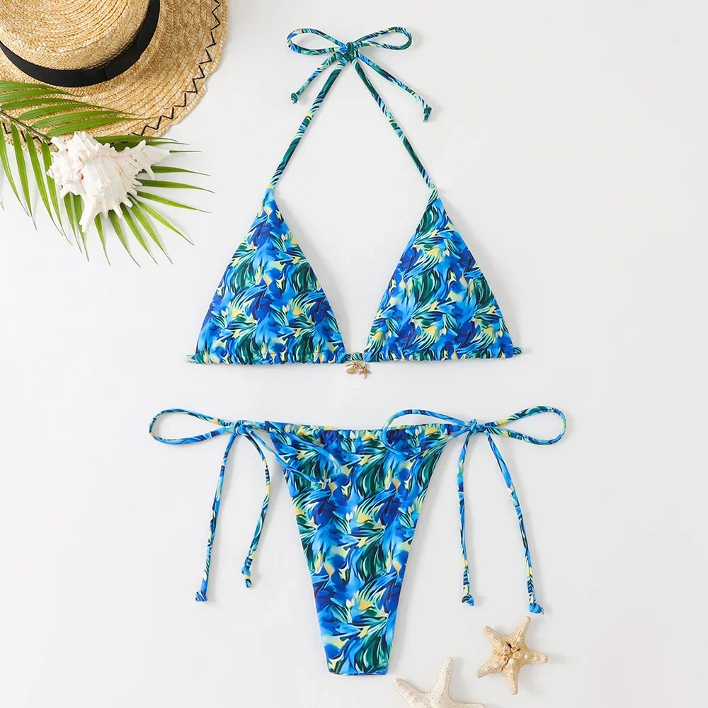 

Sexy Micro Tie Brazilian Bikini Set Women Bather Bathing Suit Holiday Swimwear Tie Up Halter Floral Bra Low Waist Thong Swimsuit