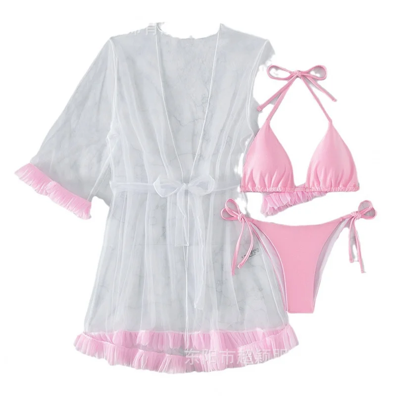 bikiniMesh Cover-Up Three-Piece Swimsuit Set for Women with Sexy 3D Lace Trim, Two-Piece Beach Bikini