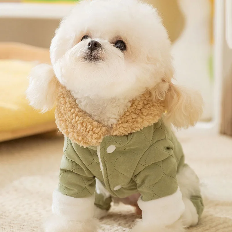 Winter Puppy Clothes Quilted Cotton Pocket Traction Four Legged Cotton Clothes Thickened Warm Pet One-piece Clothes