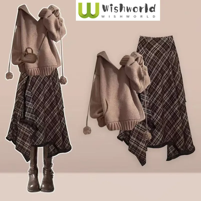 

Осенне-зимний корейский вязаный топ с капюшоном в стиле ретро + зернистая клетчатая юбка, комплект из двух предметов