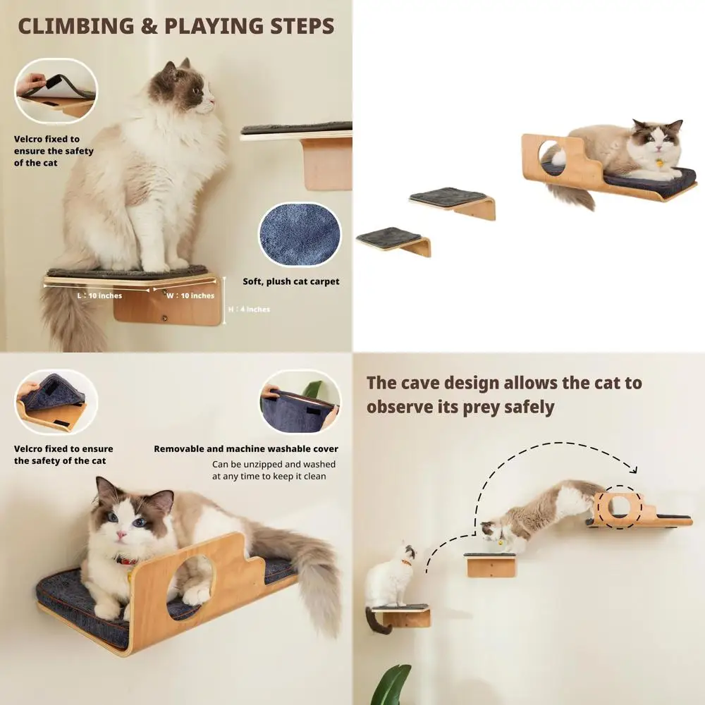 

Dual-Step Cat Wall Shelf with Peek-a-Boo Hole, 19x10 Inch Comfort-Padded Perch for Resting, Play, and Scratching