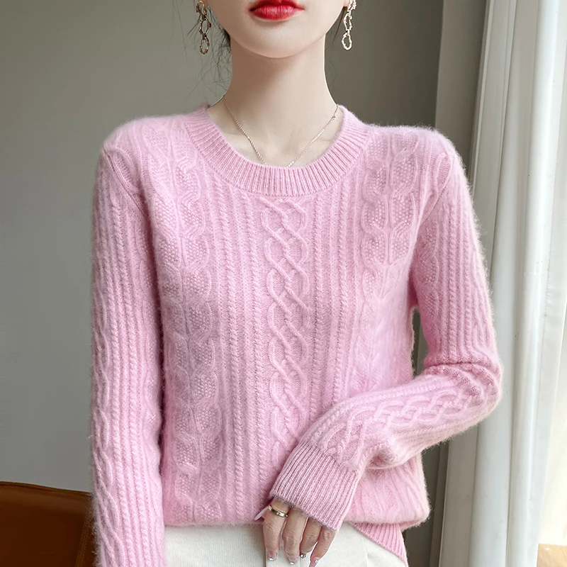 DjzDsm Autumn / Winter New 100% Merino Pure Wool Women's Knitted Pullover Sweater O Neck Thick Sweater Long Sleeve Top 3 Colors