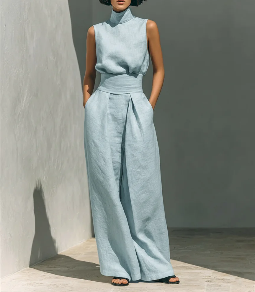 

Женский однотонный комплект из 2 предметов: топ без рукавов с высоким воротом и вырезом на спине, брюки с высокой талией и широкими штанинами, повседневный минималистичный летний наряд