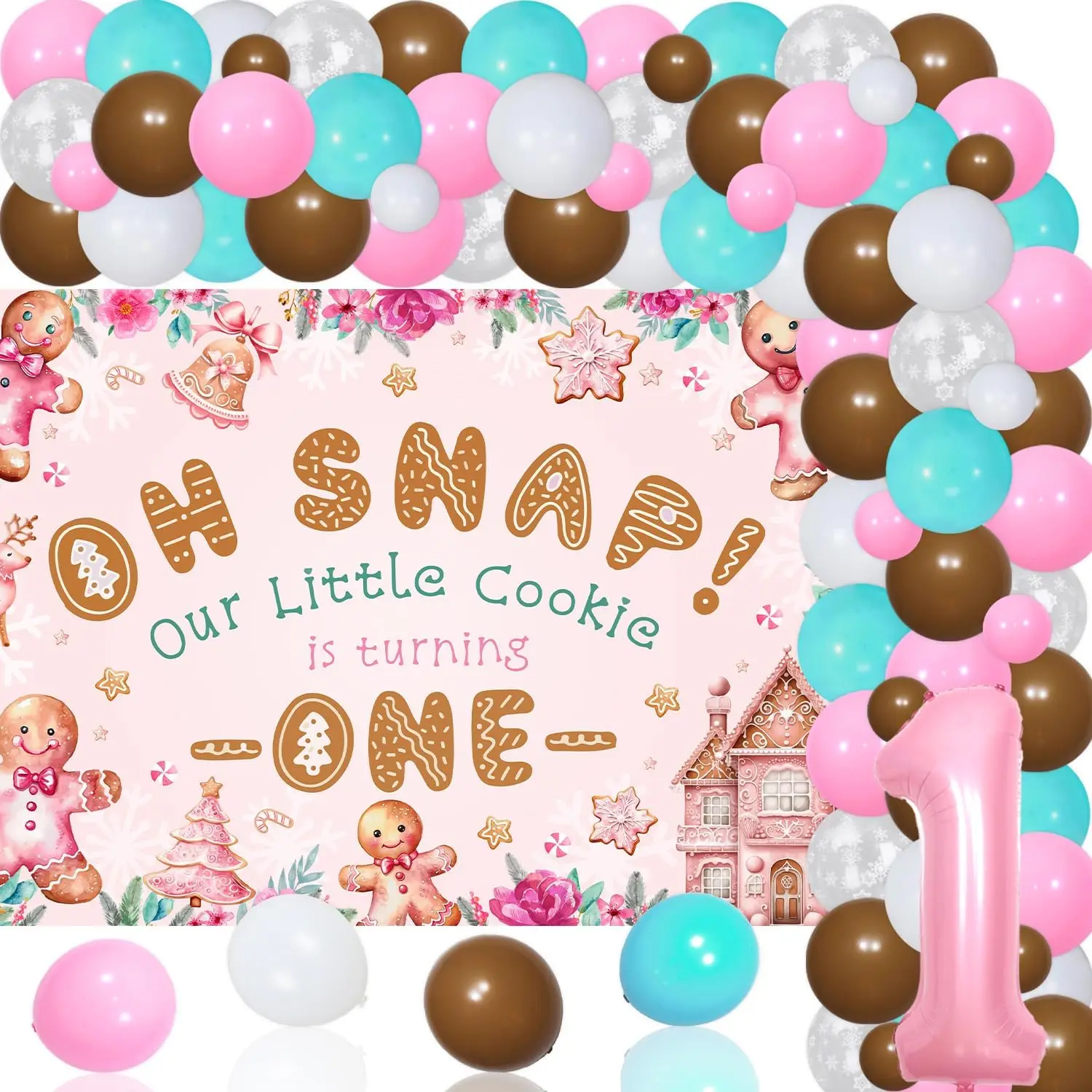 

Funmemoir Christmas Gingerbread House 1st Birthday Decor Pink Balloon Arch Floral One Backdrop First Birthday Party Supplies