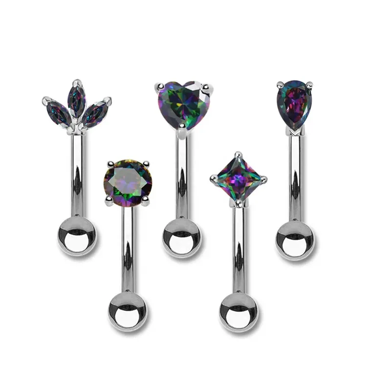 Medical steel Rainbow zircon Curved Barbells Eyebrow Rings Banana Ear Cartilage Tragus Body Piercing Jewelry