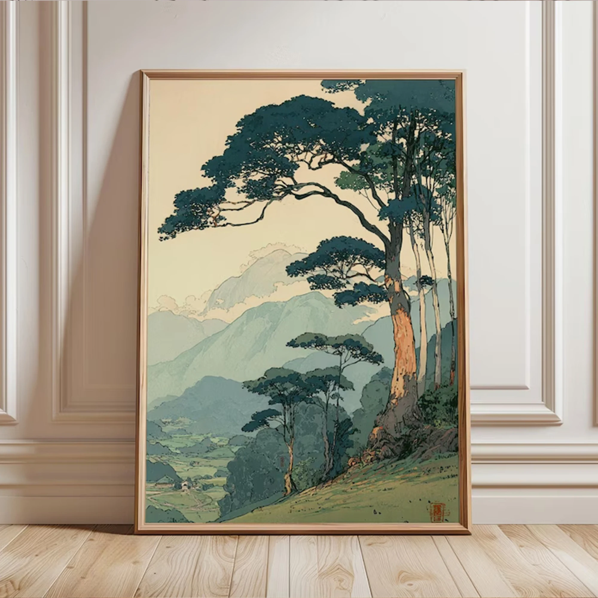 Retro Japanese Forest  Tranquil Mountain Wall Art Print Canvas Painting Poster Picture For Living Room,Bedroom Home Decor