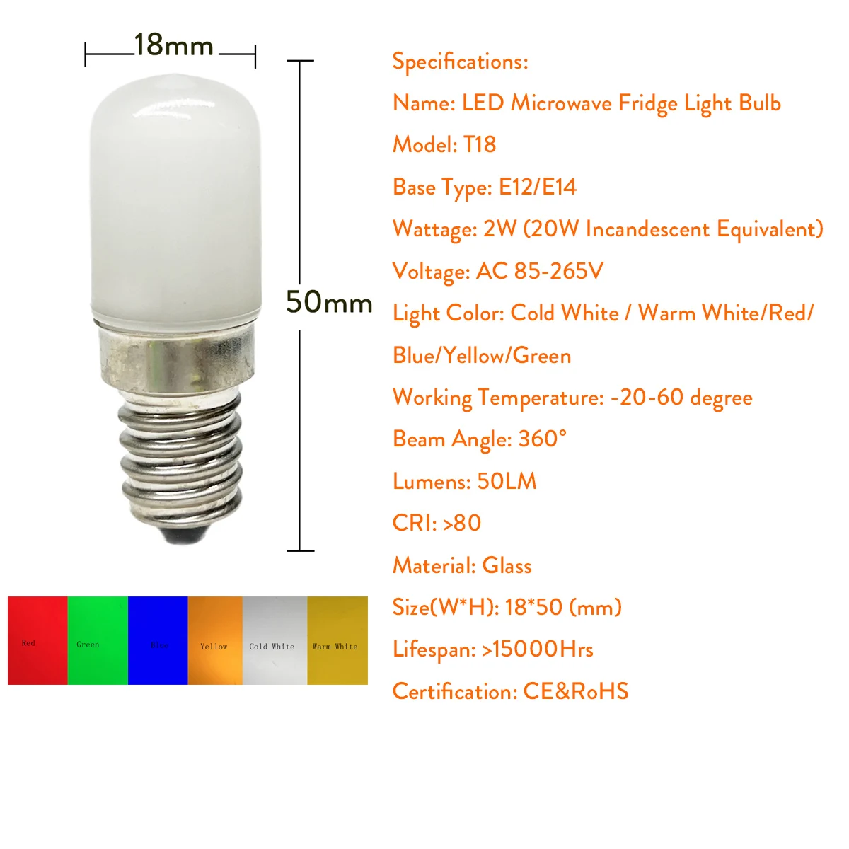 Kolorowa żarówka LED T18 Mini E14 E12 do lodówki 2W Czerwony Zielony Niebieski Żółty Zimny / Ciepły Biały Lampa AC 85-265V Do Zamrażarki