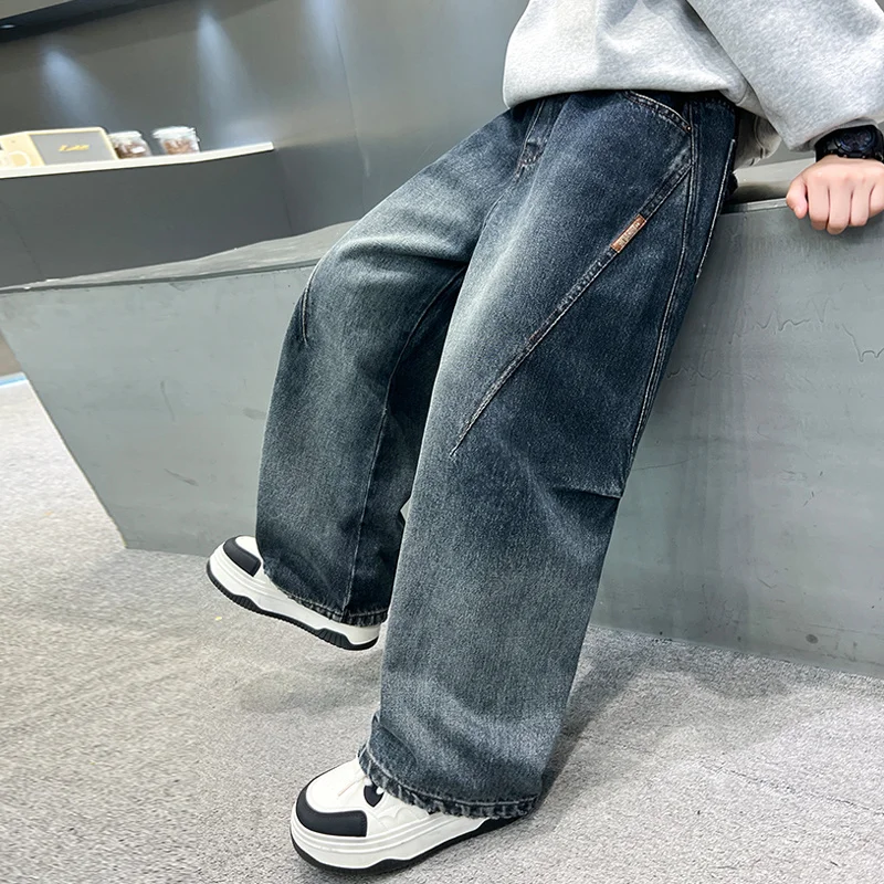 ربيع الخريف الاطفال جديد مصمم فضفاض مستقيم الجينز للمراهقين بنين جودة عالية الأزرق الدنيم السراويل الأطفال جينز غير رسمي بنطلون