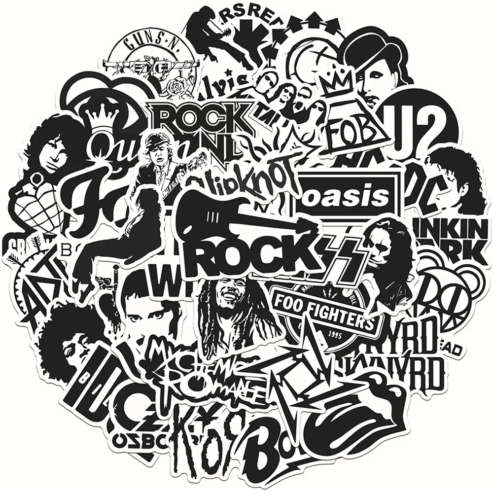 10/30/50pcs Classic Rock Band Black White Graffiti Stickers DIY Waterproof Computer Notebook Graffiti Cool Decal Sticker Kid Toy