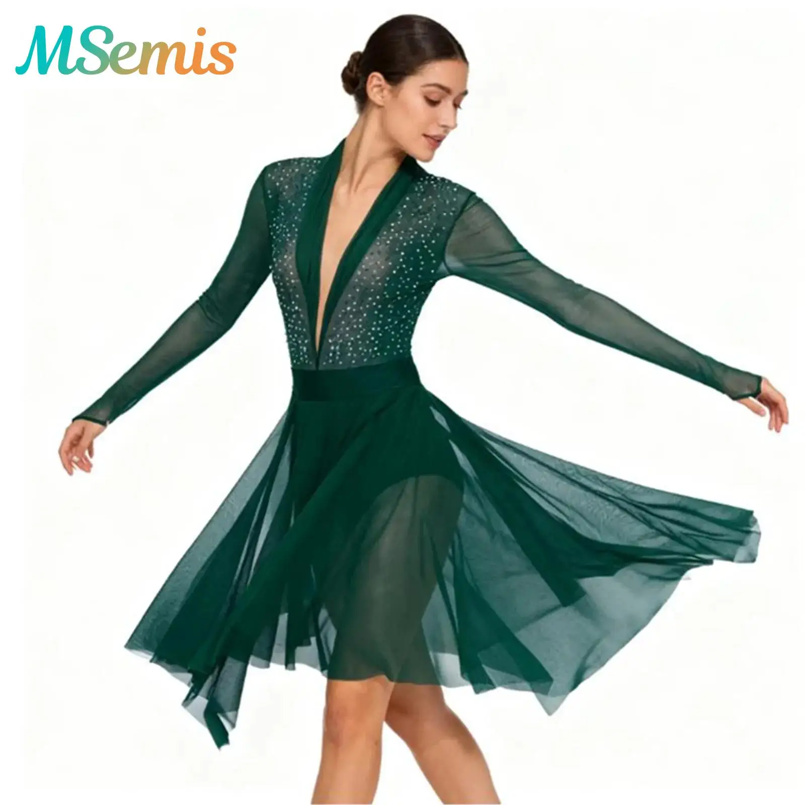 

Adults Womens Gymnastics Ballet Leotard Lyrical Dance Performance Costume Sheer Mesh Long Sleeve Shiny Rhinestones Ruffled Dress