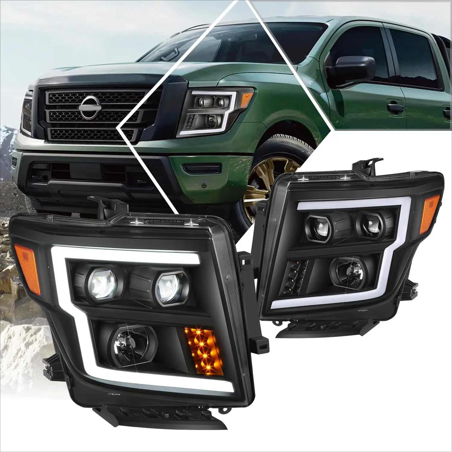Set of 2 LED Projector Headlamps for 2016-2022 Titan XD, Featuring LED Running Light Bar and Turn Signal, Black Housing with Amb
