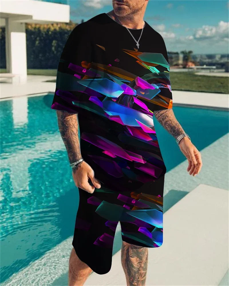 Summer fashion 3D printed geometric pattern men's round neck T-shirt suit personality two-piece T-shirt shorts suit large size