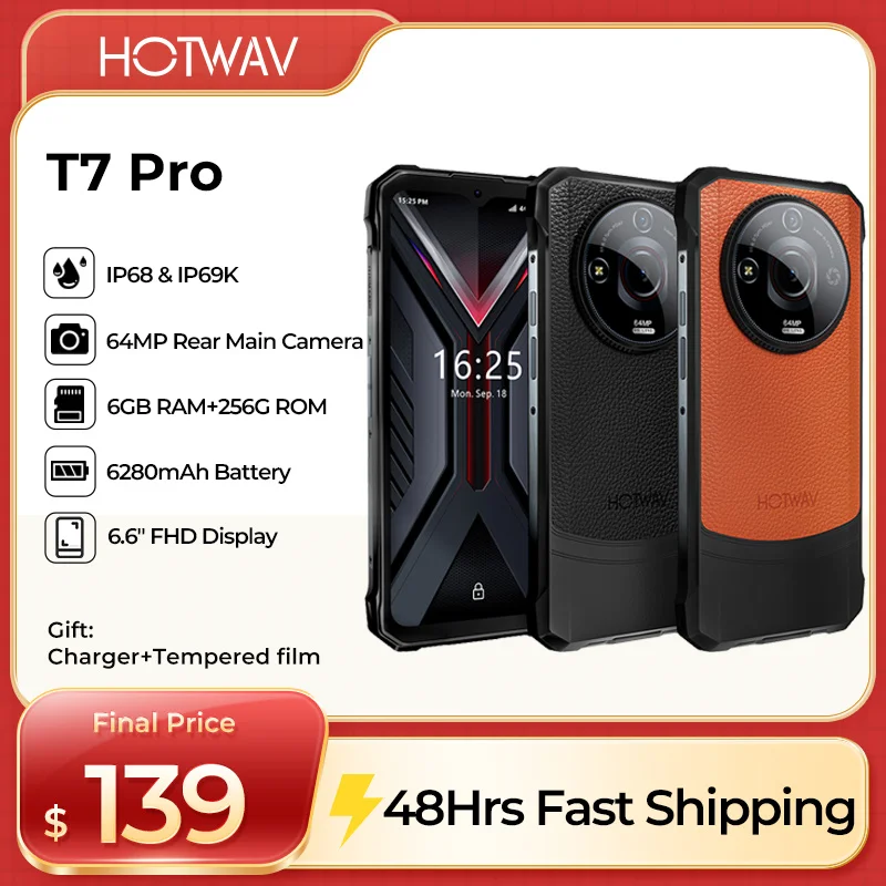 Смартфон HOTWAV T7 Pro, восьмиядерный процессор Android 13,0, 6 ГБ + 256 ГБ, 8 МП, передняя камера, аккумулятор 6280 мАч, 6,6-дюймовый дисплей FHD, мобильные телефоны