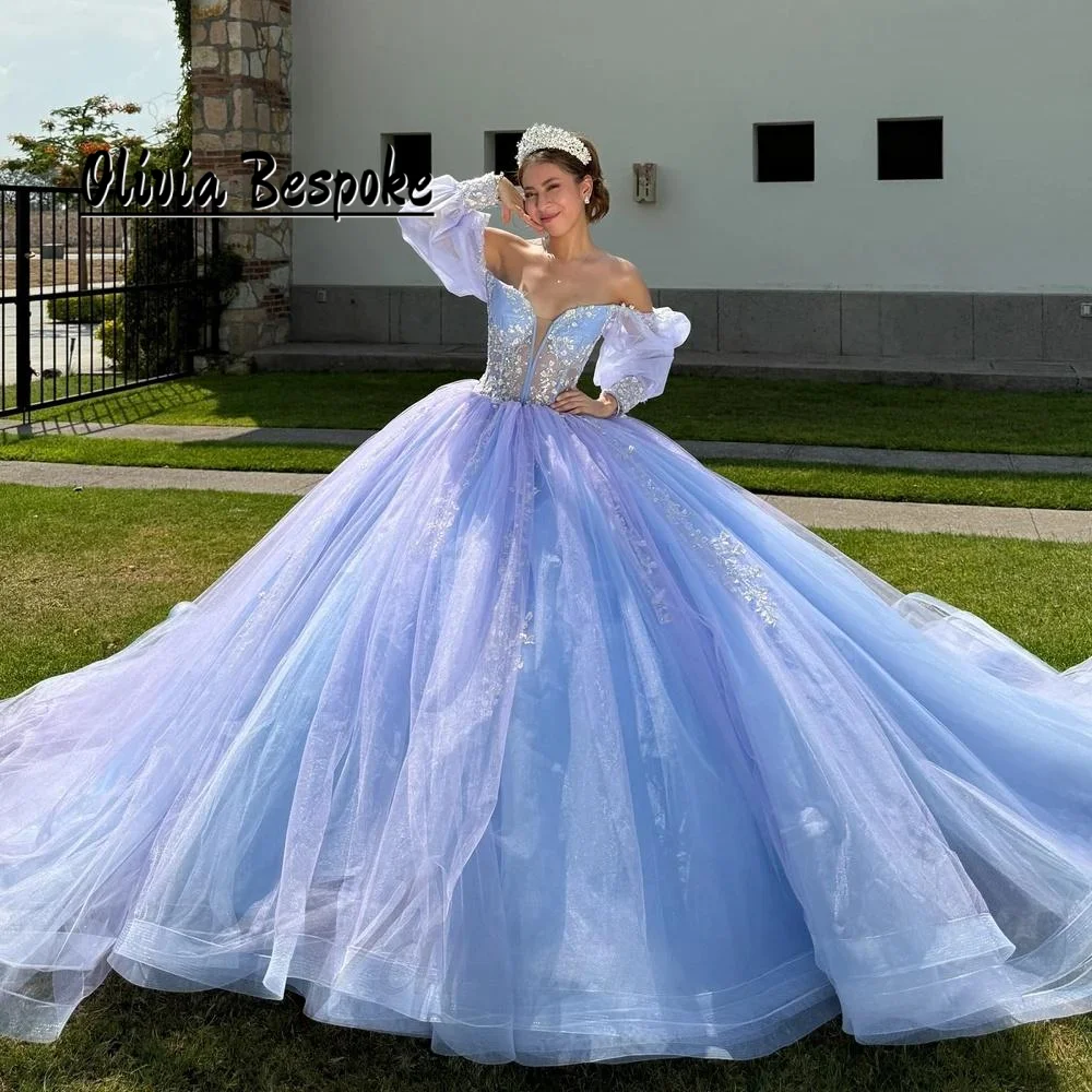 

Wowed Sky Blue Puff Sleeves Quinceanera Dresses Tulle Ruched Train Sweet 15 16 Dress Mexican Girls Birthday Dress Customized