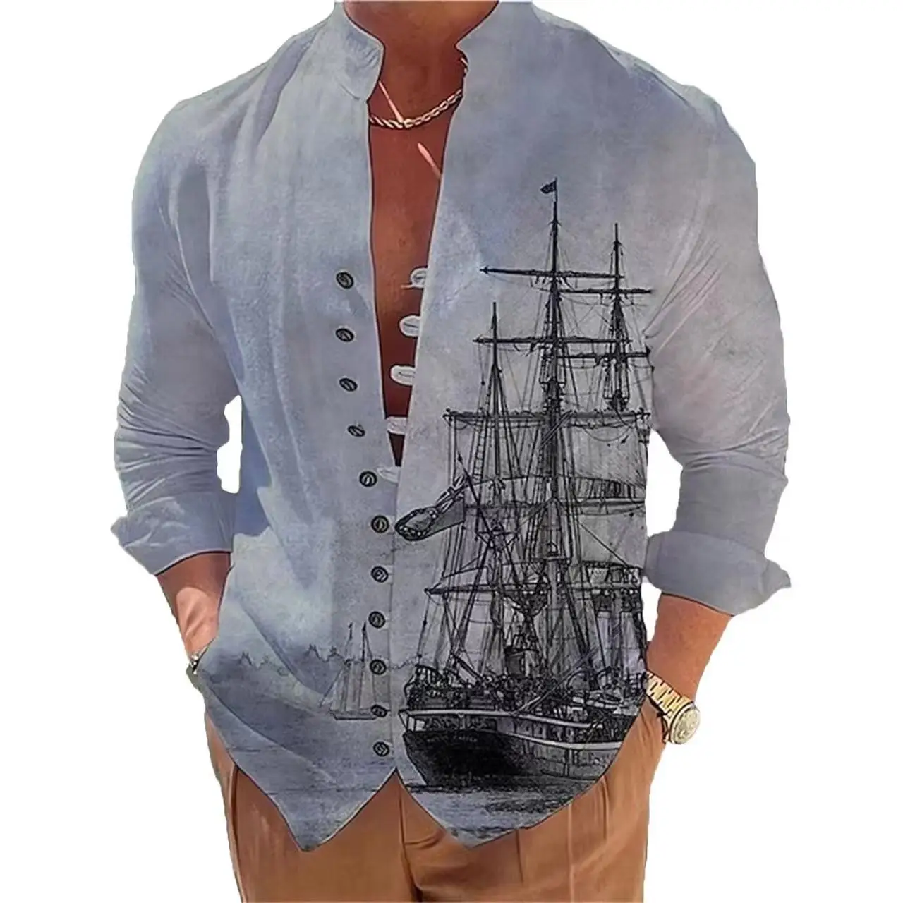 Spring Summer Sailboat Printin Hot Sale Men's Long-Sleeved Shirts Solid Color Stand-Up Collar  Casual Style Muslim Men Clothing