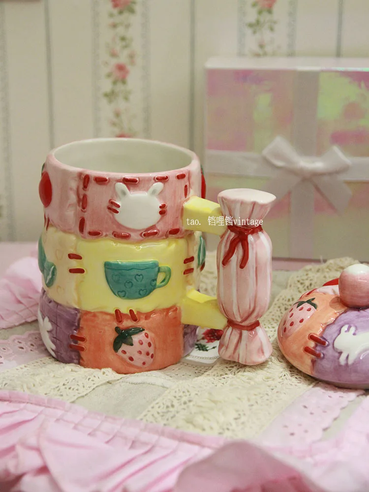 Mug with lid underglaze color ceramic high temperature resistant color matching handmade pink candy patchwork shape watercupgift