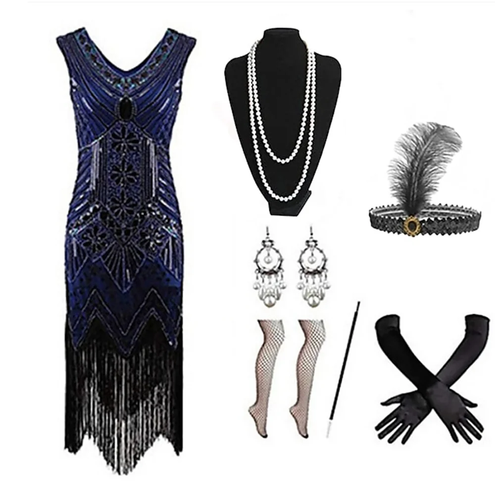 Vestido de Flapper para mujer, traje Retro Vintage rugiente de los años 20 y 1920, trajes del gran Gatsby, lentejuelas, flecos y borlas