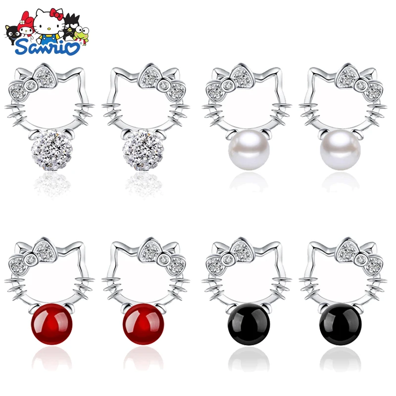 Sanrio Anime Hello Kitty Silver Earrings for Women Super Shiny Pearl Earrings Kitten Jewelry Girls Birthday Gifts