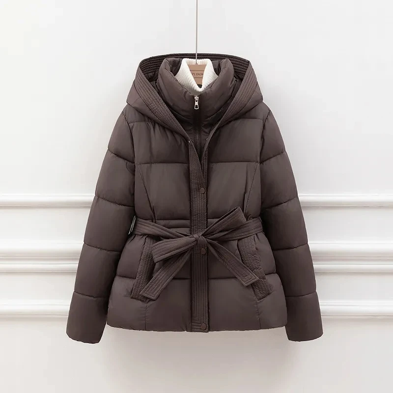 High end Down cotton Jacket for women Winter 2025 Fashion Slim Thicken Hooded Bread Coat Female Warm Parka Overcoat With belt