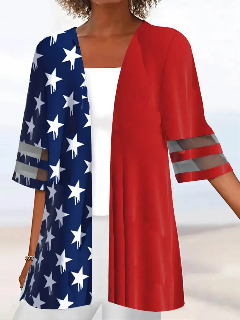 

Plus Size Women Half Sleeve Scoop Neck Striped Colorblock National Flag Two-Pieced Tops