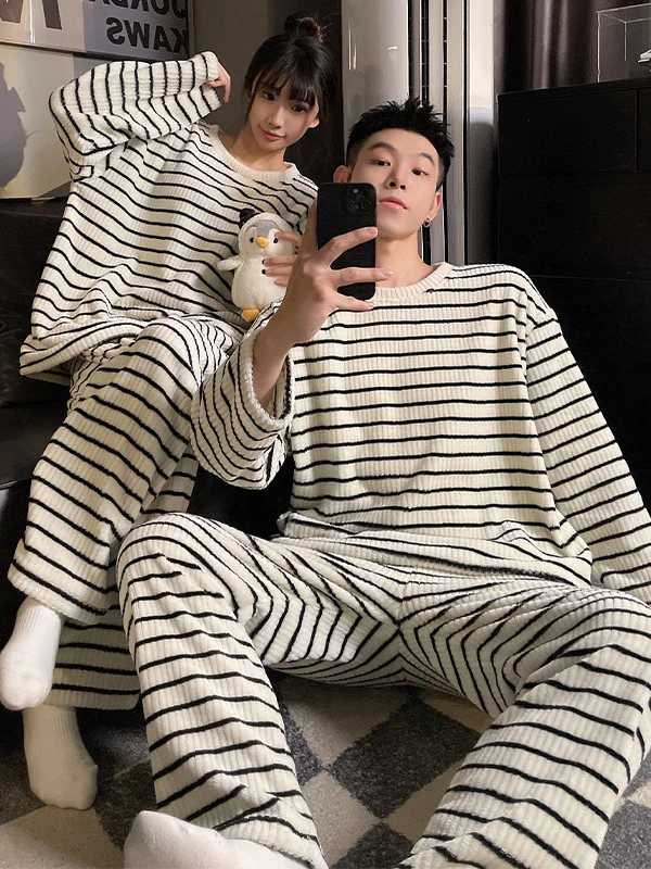 Thickened Flannel Couples Sleepwear Set Women's plus Size Coral Fleece Home Clothes Long Sleeve round Neck Home Comfortable