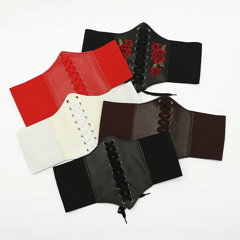 ใหม่ Punk Corset สีดำกว้างเข็มขัดหนัง Pu Slimming Body เข็มขัด Vintage Elastic สูงเข็มขัดหญิง Cummerbunds