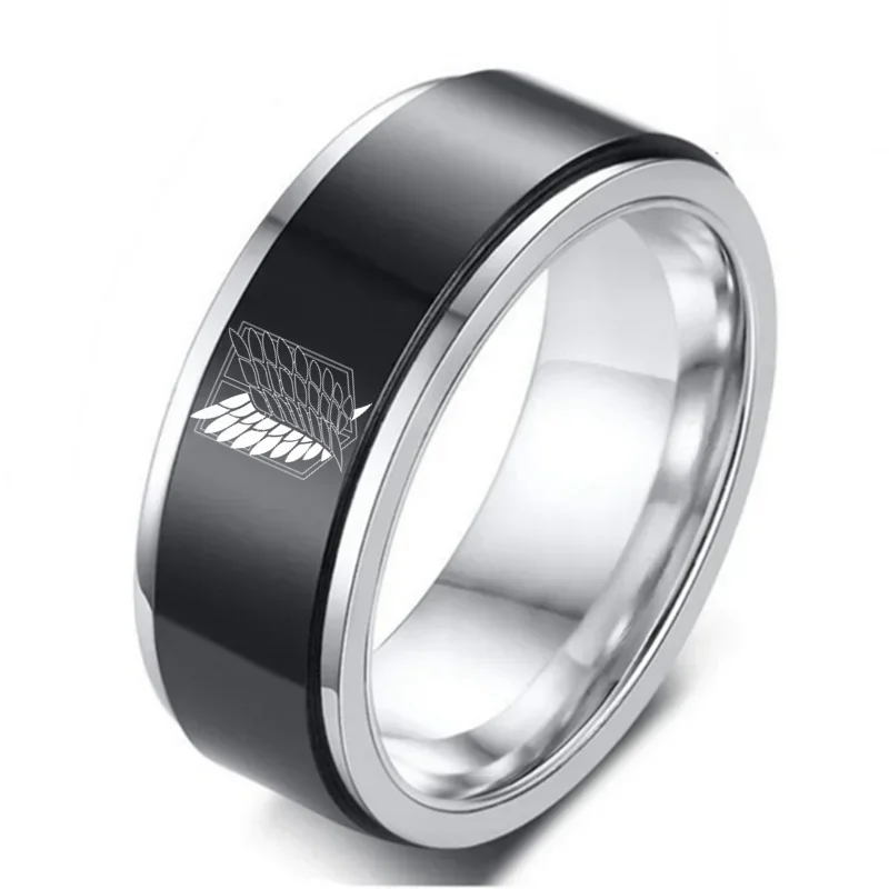 

8mm Attack on Titan Black sliver Stainless Steel Ring Wings Of Liberty Flag Finger Rings For Men Women Jewelry Anime Fans