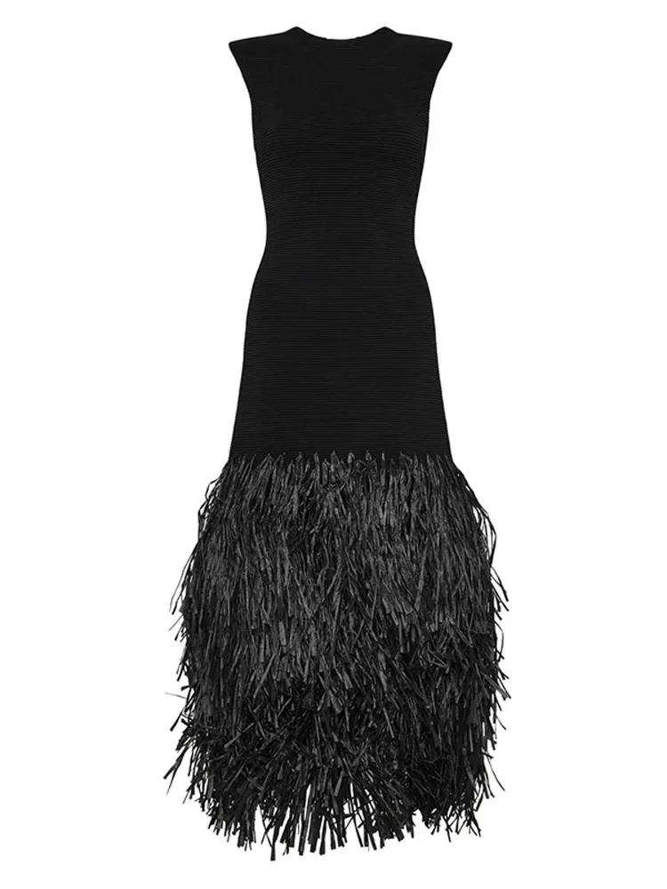 Fashion Knitted Tassels Hem Women Long Dress Elegant O Neck Pad Backless Zipper Sleeveless Slim Maxi Dresses Lady Party Vestidos