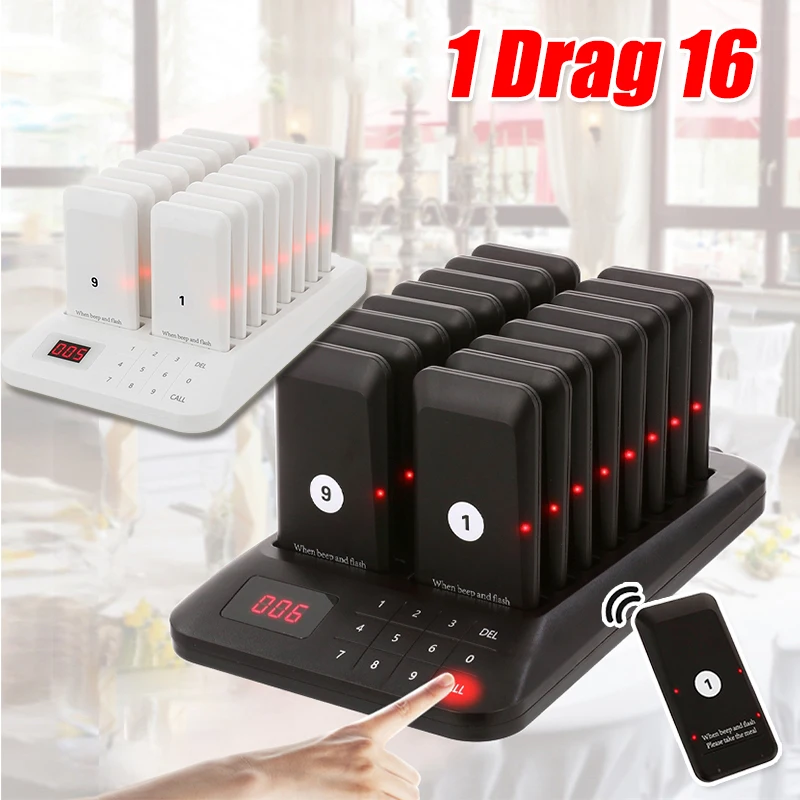 

Wireless Paging Queue System 16 Coaster Receiver Vibration LED Flashing Calling System Buzzer Meal Taker for Restaurant Shop