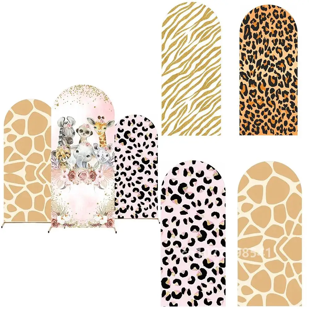 Safari Baby Girl Pink Arch Cover Backdrop Boho Flowers Jungle Wild One Birthday Party Background Giraffe Leopard Pattern Decor