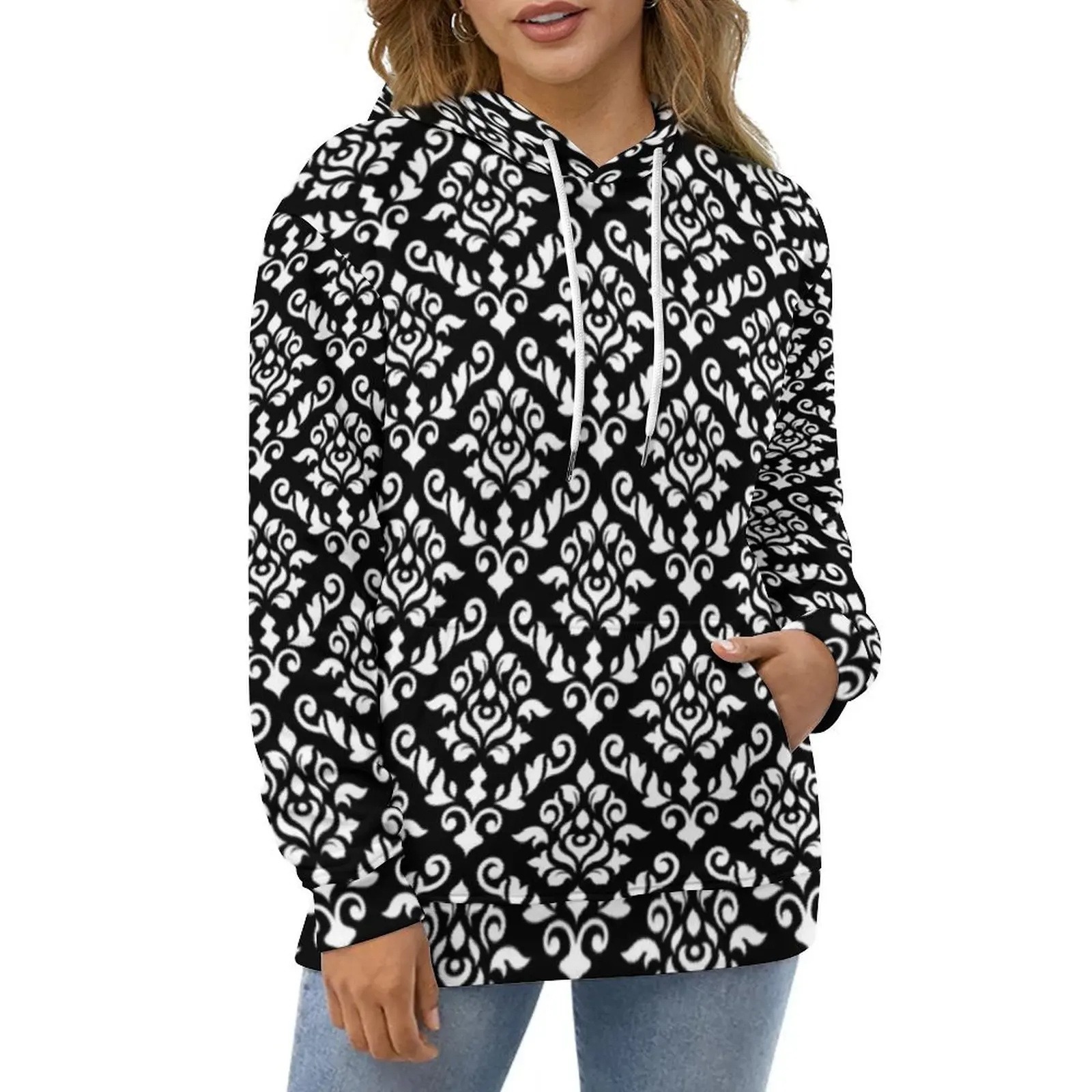 

White Baroque Print Hoodies Retro Damask Streetwear Oversized Pullover Hoodie Woman Long-Sleeve Modern Design Casual Sweatshirts