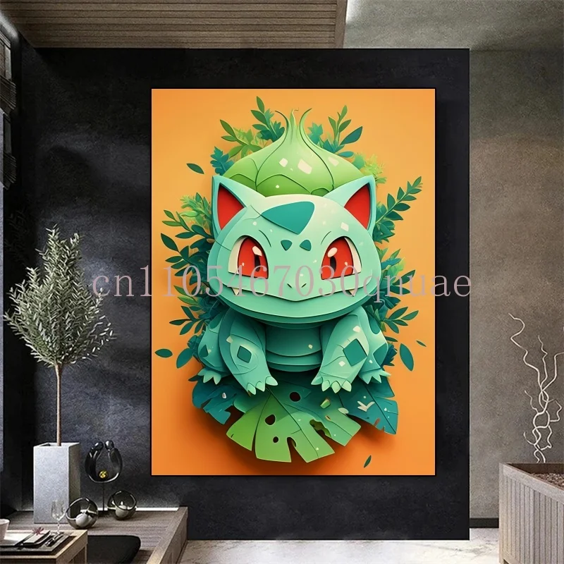 Kanvas Pokemon Anime Periferal Bulbasaur Poster Gambar Seni Cat Air Lukisan Kanvas untuk Hadiah Dekorasi Dinding Kamar Tidur Anak-anak
