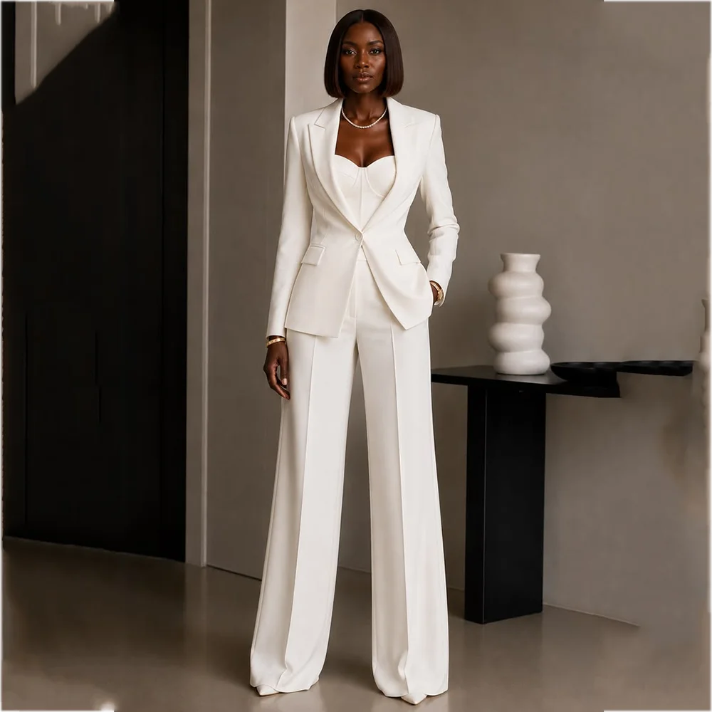 Business White Suit For Women Tailored Regular Fit Peak Lapel Slim Single Button Elegant Formal Outfit Professional Lady Set