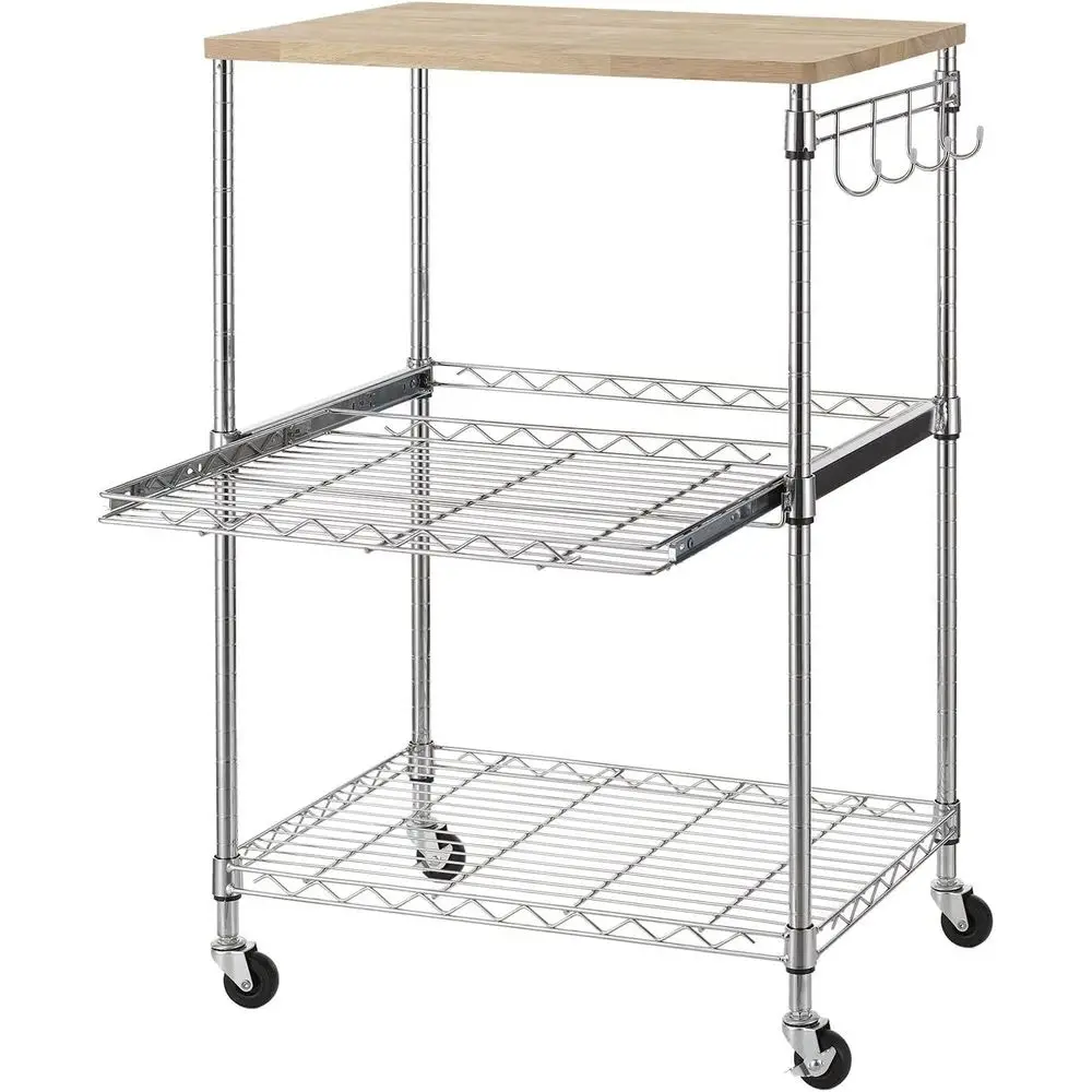 

3-Tier Rolling Kitchen Cart, Microwave Cart with Oak Wood Tabletop and Der Slider, Coee Cart & ood Service Cart with Hooks