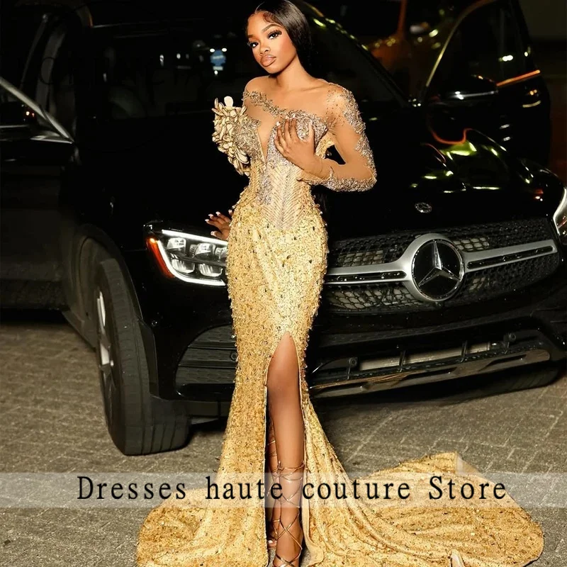 Luxuriöse Blumen-Abschlussballkleider 2026, Kristall-Meerjungfrau, lange Ärmel, Hochzeits-Party-Kleider für schwarze Mädchen, individuell gestaltete Vestidos de Festa