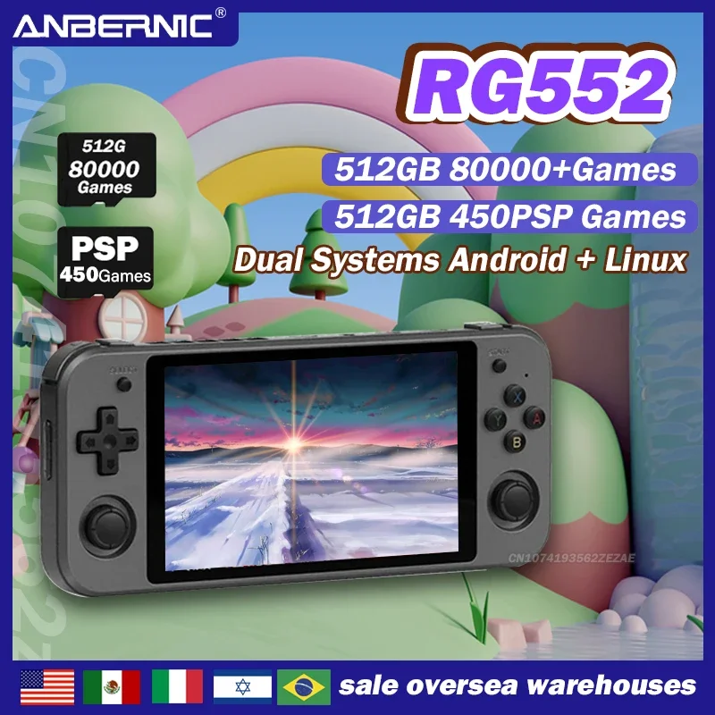 

New Anbernic RG552 Dual Systems Android+ Linux 5.36 INCH OCA Fuly Laminated Touch Screen Play Station Portable 512G 80000 Games