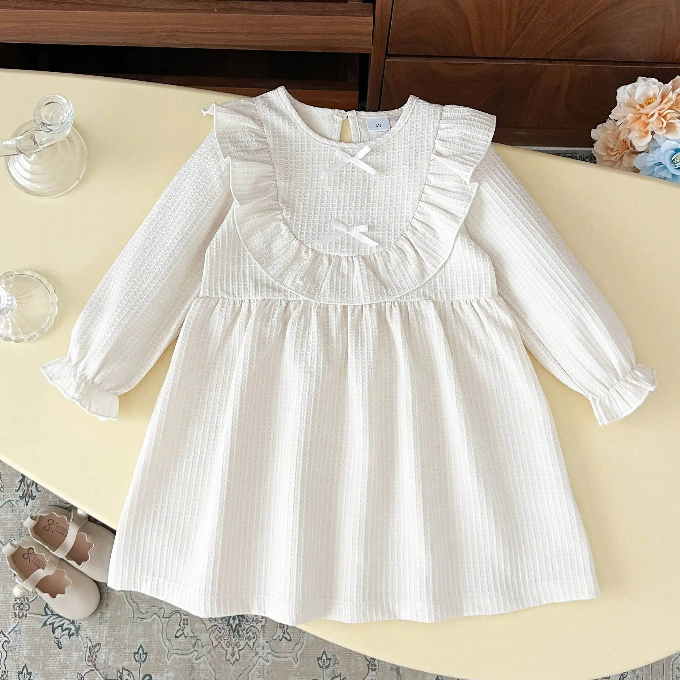 Baby Girl Dress Ruffle Collar Bow Decor A‑Line Princess Dress For 1‑4Years Old Toddler Kids Autumn Casual Daily Party Outfit