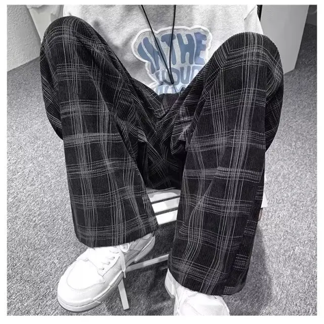 Men Checkered Casual Pants Loose Straight Corduroy Pants Sweatpants Man Fashion Streetwear Spring New Hip Hop Trousers Y2k Kpop