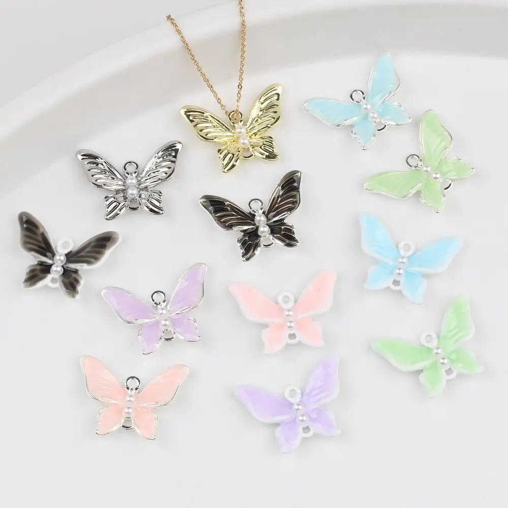 

10Pcs/lot Simple Alloy Butterfly Charm with Enamel Pearl Inlay for DIY Necklace Bracelet Jewelry Making