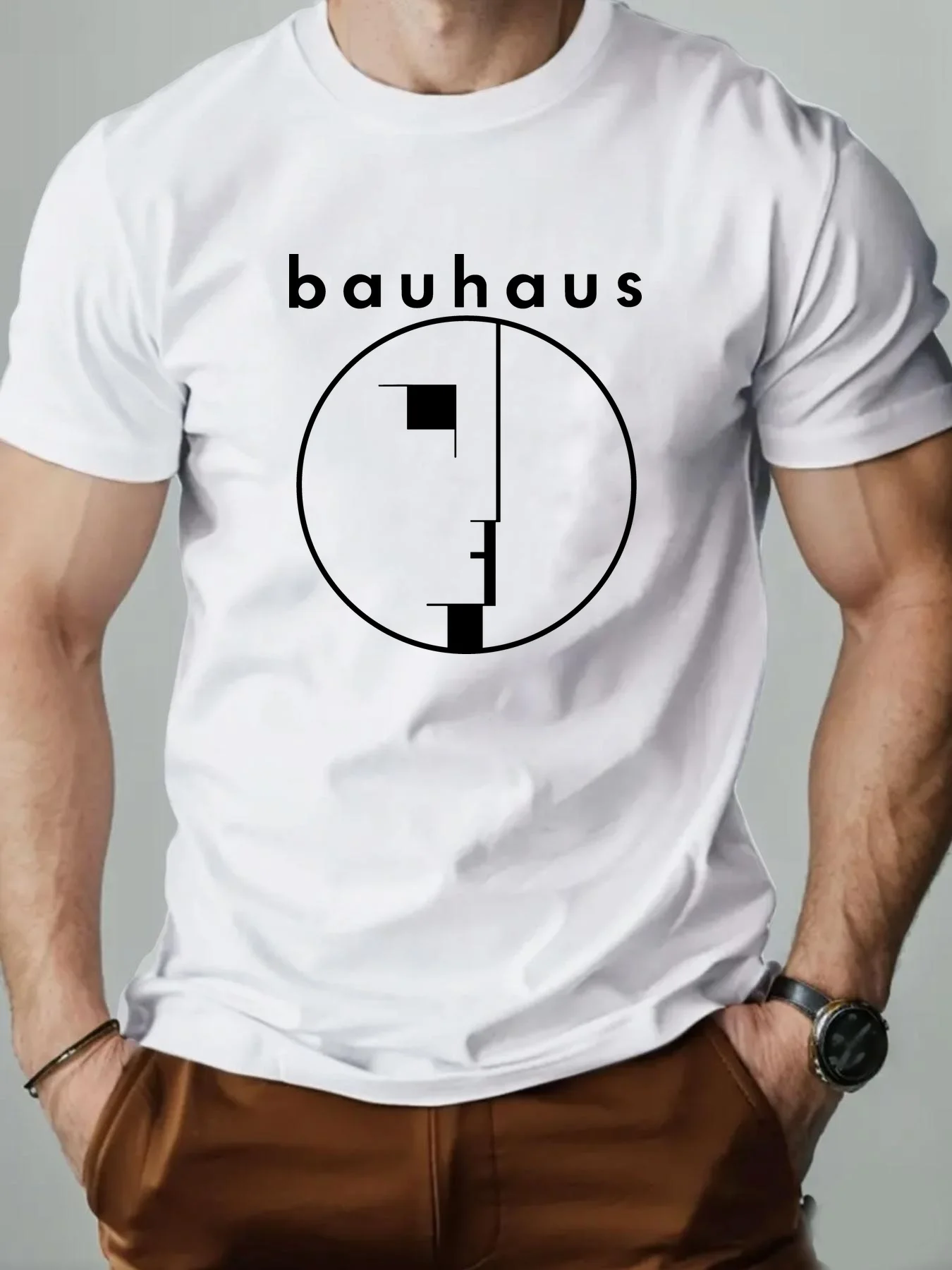 Men Summer Bauhaus Abstract Style Casual Adult Short-sleeved T-shirt for Street Trend 100% Cotton Breathable Soft Loose Fitting
